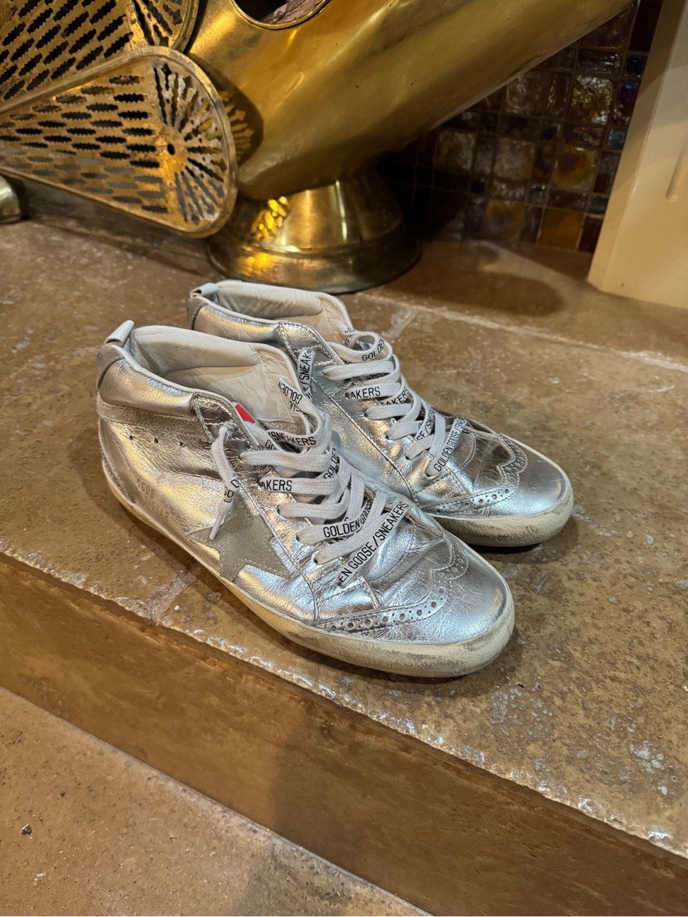 Golden Goose Metallic Silver High-Top Sneakers with Star Detail